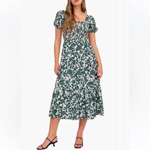 Nordstrom August Sky Floral Puffed Sleeve Smocked Midi Dress - Green Forest - M